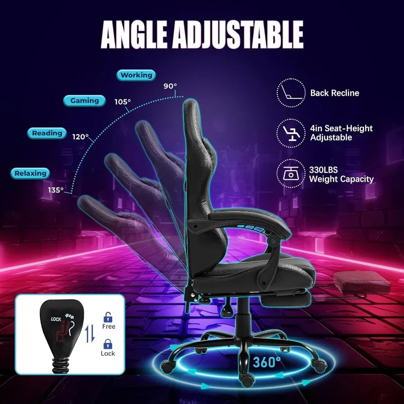 Massage Gaming Chair with Footrest – Ergonomic High-Back PC Chair with Headrest & Lumbar Support (Black) - Image 6