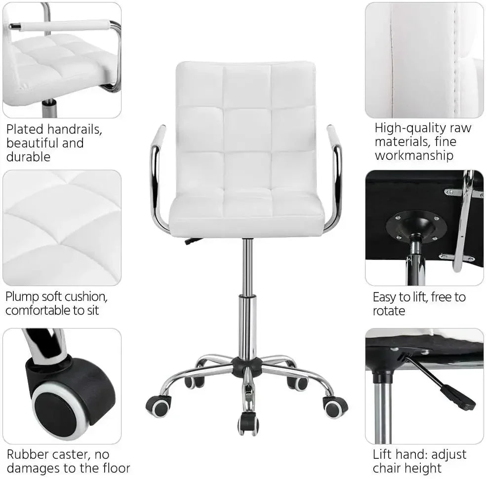 White PU Leather Office Chair – Modern Mid-Back Desk Chair with Wheels & Armrests - Image 4