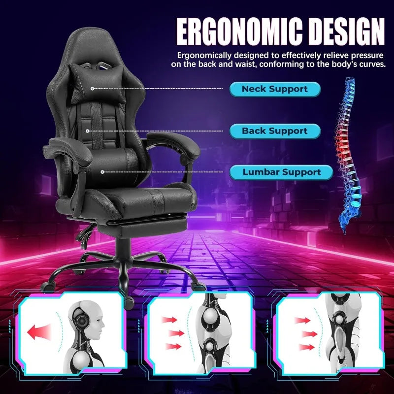 Massage Gaming Chair with Footrest – Ergonomic High-Back PC Chair with Headrest & Lumbar Support (Black) - Image 4